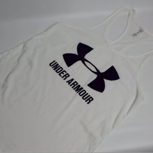 Under Armour Women's Razorback Tank White with Purple Logo Super Soft Heat Gear